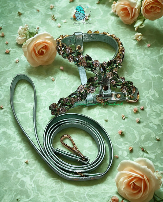 Set Pettorina gioiello in vera pelle con guinzaglio coordinato